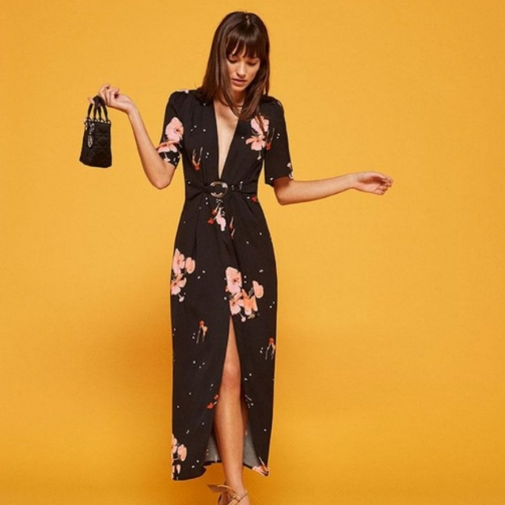 Reformation Black Floral Melanie V Neck Belted Buckle Midi Dress Size 0